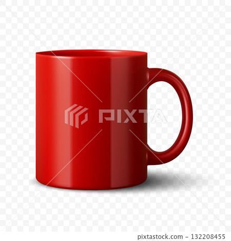 Vector 3D Realistic Red Ceramic Mug. Tea or Coffee Cup, Isolated. Blank Promotional Cup for Branding, Corporate Gift, Advertising, Merchandise, Logo Template, Mockup 132208455