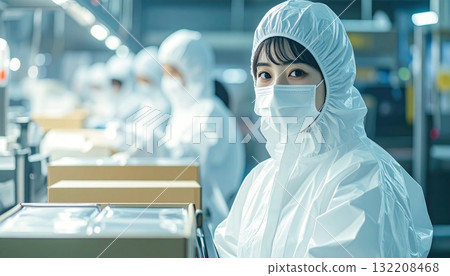 AI-generated image of a woman working in white protective clothing 132208468