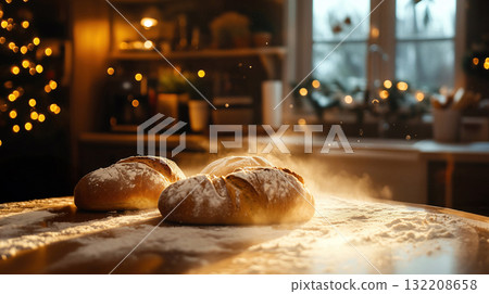 Homemade Christmas fresh and pastry preparation by a woman wearing apron in cozy atmosphere kitchen with natural light. 132208658