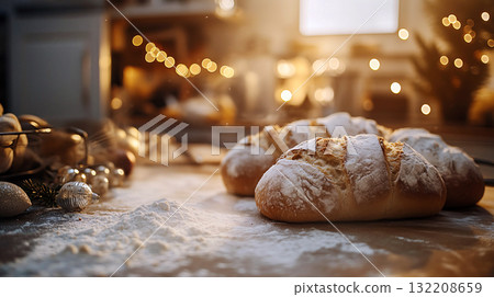 Homemade Christmas fresh and pastry preparation by a woman wearing apron in cozy atmosphere kitchen with natural light and copy-space. Homemade Christmas fresh and pastry preparation by a woman wearing apron in cozy atmosphere kitchen with natural light and copy-space. 132208659
