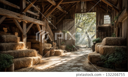 Cozy cottagecore barn interior with hay bales wooden beams and sunlight streaming through open door creating warm peaceful atmosphere 132208755