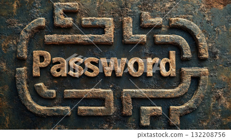 Password concept with artistic maze design carved in rusty metal surface, symbolizing security and complexity in creative way 132208756