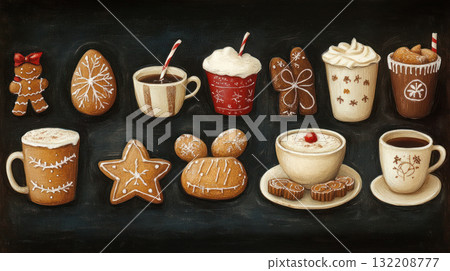 Gingerbread cookies and warm drinks create cozy day scene with festive shapes and sweet treats perfect for holiday enjoyment and comfort 132208777