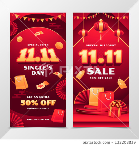 Vertical banner with 11.11 Guanggun Jie discounts lanterns and shopping icons in realistic style Vertical banner with 11.11 Guanggun Jie discounts lanterns and shopping icons in realistic style 132208839