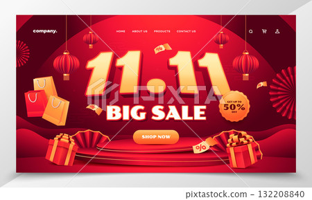 Landing page hero section showing 11.11 Guanggun Jie sale countdown and lantern icons in realistic style Landing page hero section showing 11.11 Guanggun Jie sale countdown and lantern icons in realistic style 132208840