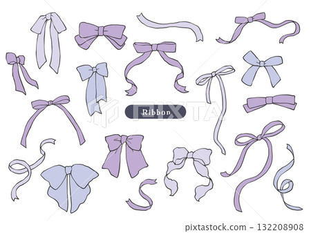 Purple pen-drawing style ribbon set 132208908