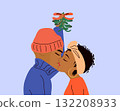 Cartoon Illustration Of Young Couple Kissing Under Mistletoe 132208933