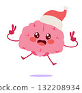 Cartoon Illustration Of Cheerful Brain Wearing Santa Hat Isolated On White Background 132208934