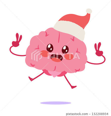 Cartoon Illustration Of Cheerful Brain Wearing Santa Hat Isolated On White Background Cartoon Illustration Of Cheerful Brain Wearing Santa Hat Isolated On White Background 132208934