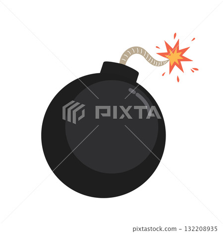Cartoon Illustration Of Black Bomb With Lit Fuse On White Background Cartoon Illustration Of Black Bomb With Lit Fuse On White Background 132208935