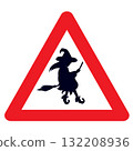 Cartoon Illustration Of Witch Silhouette Inside Red Triangle Traffic Sign Isolated On White Background 132208936