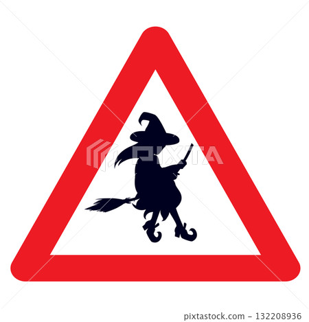 Cartoon Illustration Of Witch Silhouette Inside Red Triangle Traffic Sign Isolated On White Background Cartoon Illustration Of Witch Silhouette Inside Red Triangle Traffic Sign Isolated On White Background 132208936