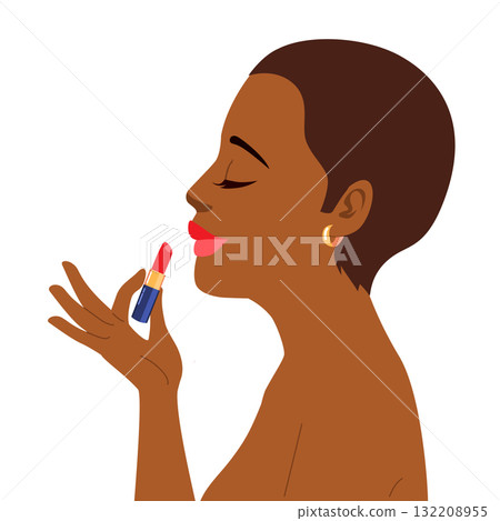 Profile View Woman Applying Lipstick Isolated On White Background Profile View Woman Applying Lipstick Isolated On White Background 132208955