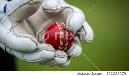 Cricket Wicket Keeper Hands Holding Red Cricket Ball with Protective Gloves 132208979