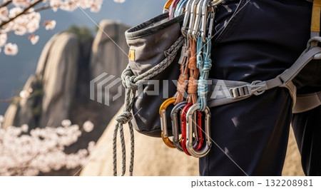 Professional rock climbing gear with colorful carabiners and rope attached to climber harness against desert canyon background 132208981
