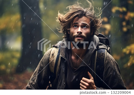 Young adult Caucasian man lost in autumn forest at day, neural network generated photorealistic image Young adult Caucasian man lost in autumn forest at day, neural network generated photorealistic image 132209004