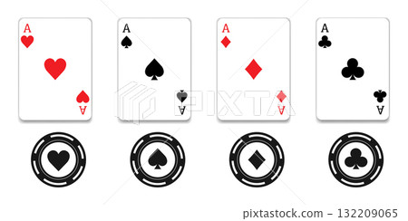 Paying cards four Aces set of Spades, Hearts, Diamonds and Clubs. Poker cards suits. traditional shapes and authentic colors 132209065