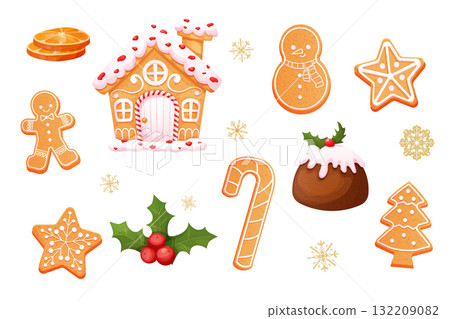 Gingerbread set cute snowman, man, mug with hot beverage, house and tree with icing decoration, seasonal dessert, cookies isolated on white background. 132209082