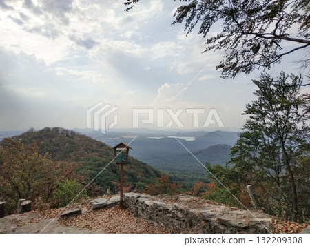 Bezdez, Czech republic - August 2, 2018: Panoramic view showing machovo lake and bezdez castle from a hilltop in czechia 132209308