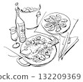 Italian cuisine stylish illustration. Seafood, appetizers and wine 132209369