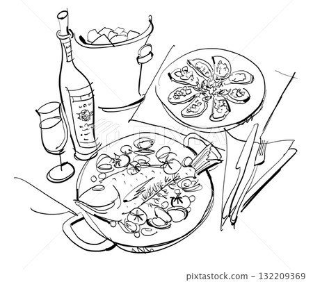 義大利美食時尚插畫。海鮮、開胃菜和葡萄酒 132209369