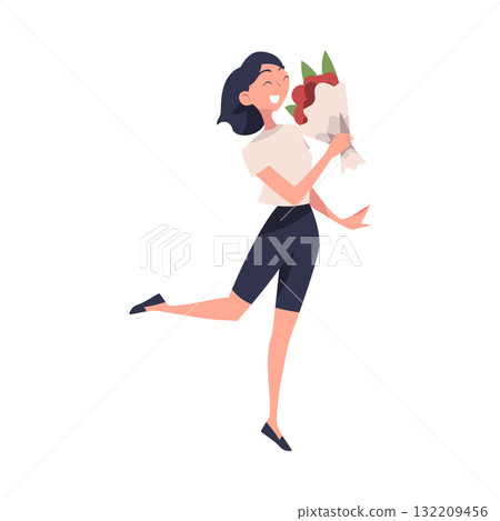 Woman Character Receive Flower Bouquet Standing and Smiling Vector Illustration 132209456