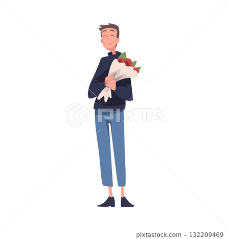 Man Character Receive Flower Bouquet Standing and Smiling Vector Illustration 132209469