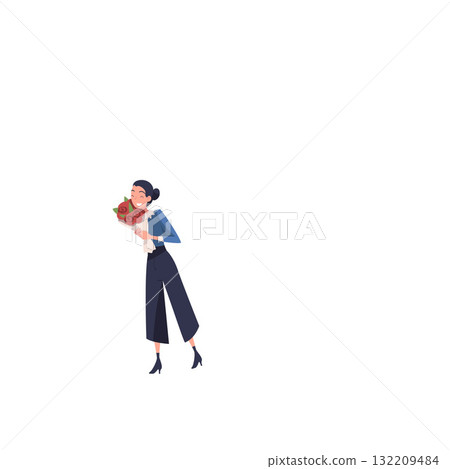 Woman Character Receive Flower Bouquet Standing and Smiling Vector Illustration 132209484