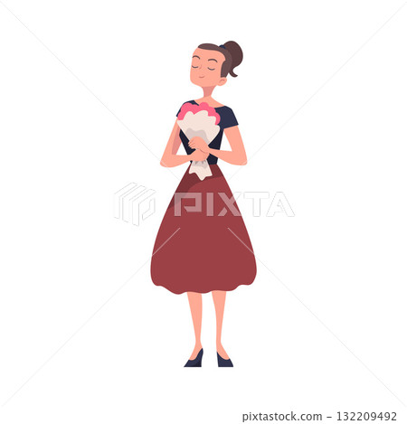 Woman Character Receive Flower Bouquet Standing and Smiling Vector Illustration 132209492