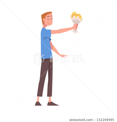 Man Giving Flower Bouquet Standing and Reach Hand Vector Illustration 132209495