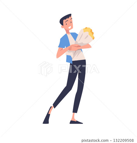 Man Character Receive Flower Bouquet Standing and Smiling Vector Illustration 132209508