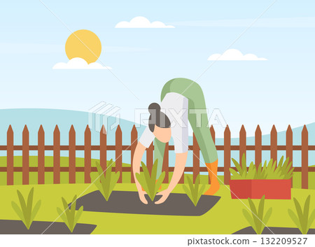 Garden with Woman Character Working in the Yard Vector Illustration 132209527