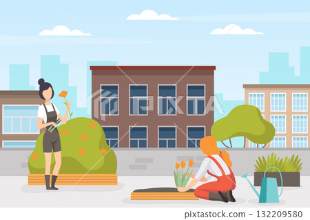 Garden with Woman Character Working in the Yard Vector Illustration 132209580