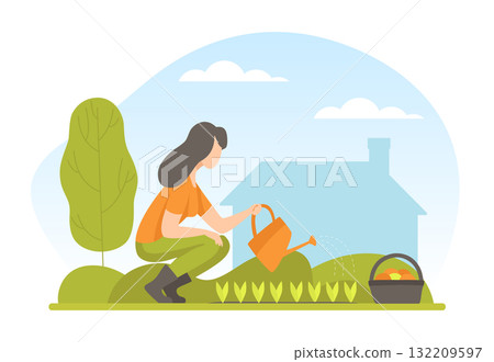 Garden with Woman Character Working in the Yard Vector Illustration 132209597