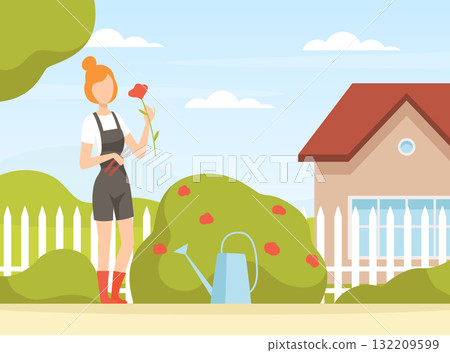 Garden with Woman Character Working in the Yard Vector Illustration 132209599