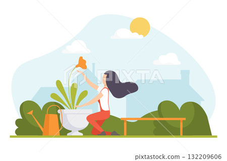Garden with Woman Character Working in the Yard Vector Illustration 132209606