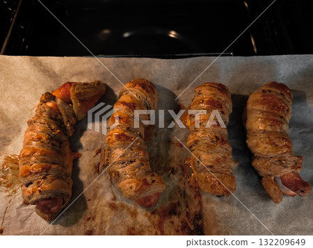 Baking sausages wrapped in dough in electric oven in prague copy space Baking sausages wrapped in dough in electric oven in prague copy space 132209649