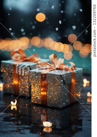 a lot of gifts in city street in winter, exteriors of the house are decorated for Christmas or New Year's holiday, street lights, a fairy-tale environment a lot of gifts in city street in winter, exteriors of the house are decorated for Christmas or New Year's holiday, street lights, a fairy-tale environment 132209768