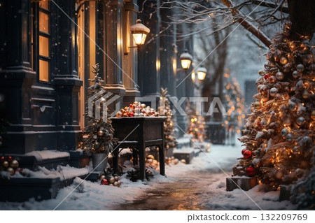 exteriors of the house are decorated for Christmas or New Year's holiday, city street in winter, snow, gifts on the porch, and street lights, a fairy-tale environment exteriors of the house are decorated for Christmas or New Year's holiday, city street in winter, snow, gifts on the porch, and street lights, a fairy-tale environment 132209769