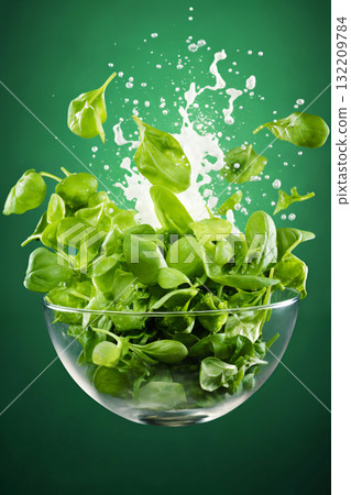 vegetables on a plate, salad, parsley and greens, on green background, fresh and healthy food 132209784