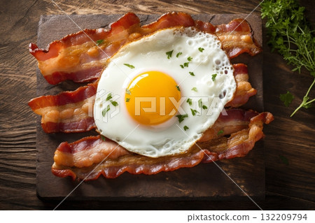 fried eggs with bacon and herbs, delicious breakfast, still life on a dark background fried eggs with bacon and herbs, delicious breakfast, still life on a dark background 132209794