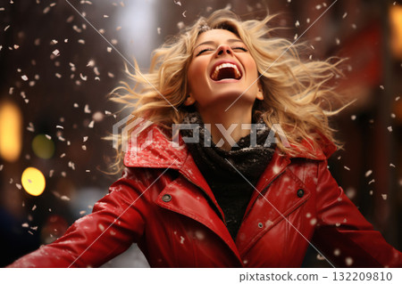 portrait of a beautiful happy woman enjoying winter season 132209810