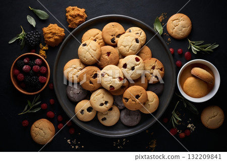 still life of cookies with chocolate on a wooden table, dark background, delicious pastries 132209841