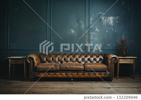 sofa, used and old, fashionable comfortable and stylish, by the cracked wall 132209846