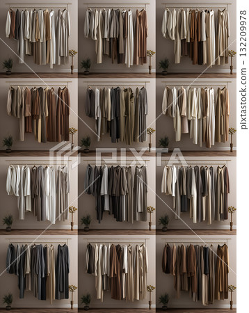 4 4 Grid of Curated Clothing Racks with Neutral and Warm-Toned Garments 132209978