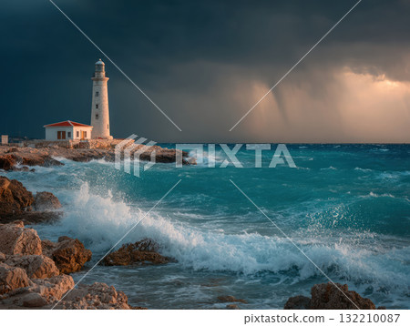 Lighthouse rocky coastline stormy sea waves crashing dramatic sky maritime navigation landmark summer weather 132210087