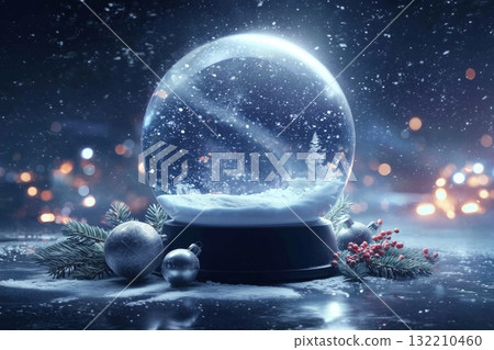 Magical winter snow globe with sparkling snow and frosty night lights 132210460