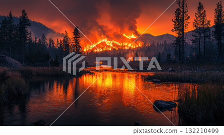 serene river reflects orange glow of wildfire, contrasting tranquil water with chaotic destruction of nature 132210499