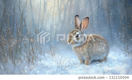 rabbit in winter woodland landscape, surrounded by soft light and snow 132210504