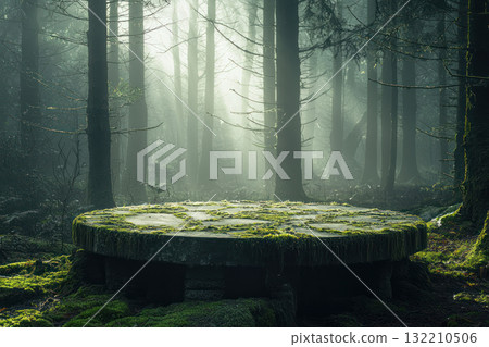 moss covered podium in misty forest, surrounded by tall trees and soft light 132210506